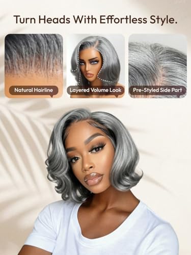 Image of Beauty Forever Salt and Pepper Layered Bob Wig Human Hair 6.5x5x1.5 Side Part Minimalist Lace Glueless Grey Wig with Face-Framing Layers Shoulder Length Outward Flip Ends Pre Cut Wear Go Wig 8inch