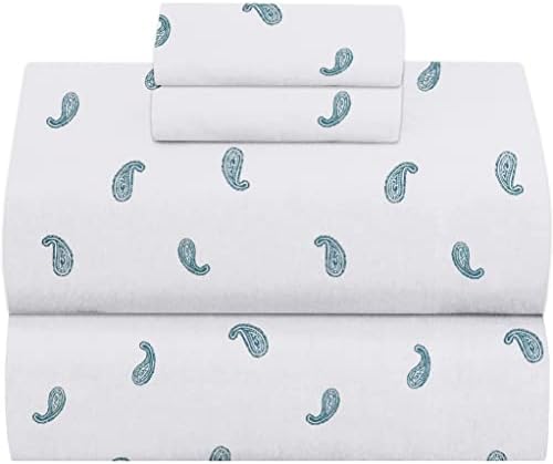 RUVANTI 100% Cotton 4 Pcs Flannel Sheets King, Deep Pocket, Warm, Super Soft, Breathable, Moisture Wicking Sheets for King Size Bed Include Flat, Fitted Sheet, 2 Pillowcase. Paisley White, Teal