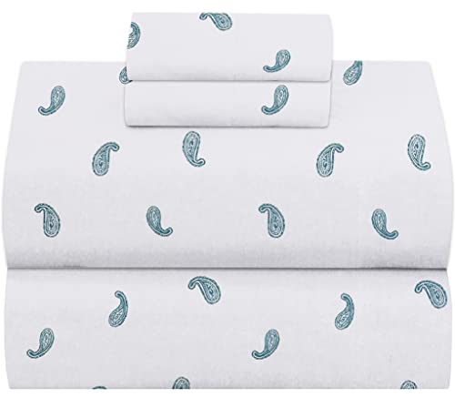 Ruvanti 100% Cotton 4 Pcs Flannel Sheets King, Deep Pocket, Warm, Super Soft, Breathable, Moisture Wicking Sheets For King Size Bed Include Flat, Fitted Sheet, 2 Pillowcase. Paisley White, Teal #TOP9
