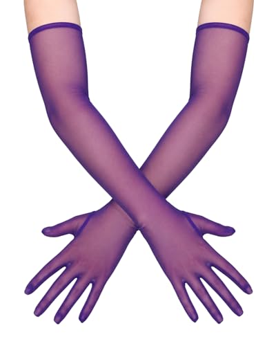 ATHX Womens Mesh Tulle Sheer Stretch Long Gloves Costume 20s Opera Tea Party Bridal Wedding Formal Prom Gloves Accessories (Purple 21)