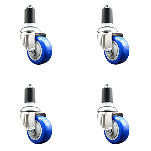 Polyurethane Swivel Stem Caster Set of 4 with 3.5 Inch Blue Caster Wheels - 1-1/2" Expanding Stems - 316 Stainless Steel Casters - Includes 4 Swivel Casters - Service Caster Brand -  SCC-SS316EX20S3514-PPUB-BLUE-112-4