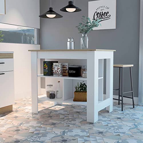 FM FURNITURE Brooklyn Kitchen Island White, Surface Color Light Oak, with Three Uncovered Shelves. for Kitchen Room