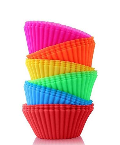 Silicone Cupcake Baking Cups, Multi Color Reusable Muffin Cup Liners, Rainbow Cupcake Wrappers, 24-Pack, 6 Vibrant Colors.
