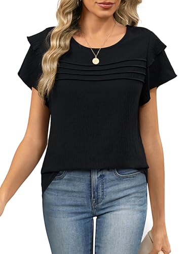Funlingo Womens Dressy Casual Tops Summer Business Work Blouses Ruffle Short Sleeve Crew Neck Pleated Shirts Trendy Outfits 2026 Black S