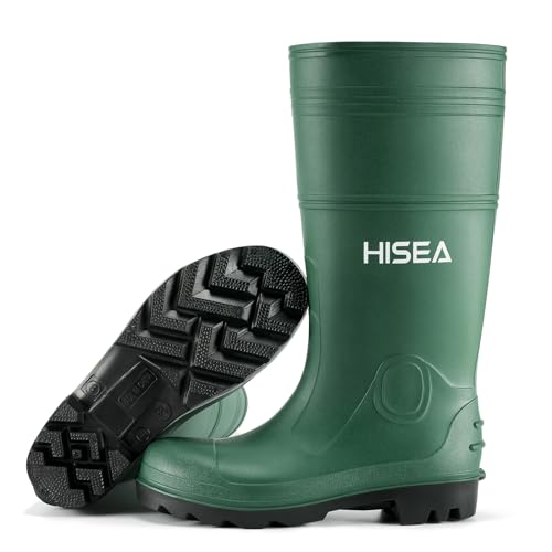 Best Rubber Boots for Working in Mud: Top Picks Reviewed 10 HISEA Men's Steel Shank Rain Boots, Waterproof PVC Rubber Boots, Garden Fishing Non-Slip Ourdoor Work Boots, Lightweight Seamless Knee High Mud Rainboots for Agriculture and Industrial Working
