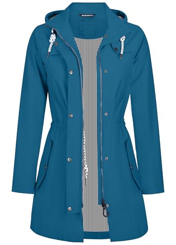 EnduaReve Regenjacke Damen Lang Wasserdicht Atmungsaktiv Regenmantel Übergangsjacke Kapuze Outdoor Jacke Petrolblau L
