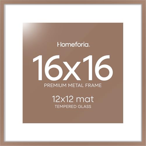 Image of Homeforia 16x16 Picture Frame Mocha, High End Metal 16x16 Square Poster Frame Matted to 12x12 Print, 16 x 16 Mocha Frames with Mat 12 x 12 Photo, 16by16 Thin Frames, Tempered Glass, Wall Kit, Set of 1