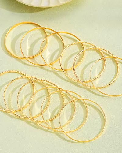 12 Pcs Indian Bangles for Women Vintage Stackable 14k Gold Plated Indian Bangle Bracelets Adjustable Minimalist Textured Gold Brac-elets Wedding Party Prom Jewelry Gifts 5