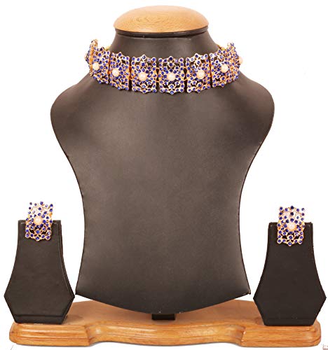 Image of Touchstone Mughal Jali Collection Gold Tone Indian Mughal Bollywood White Diamante Jewelry Choker Set for Women
