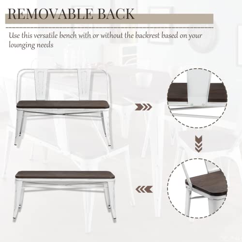 Yoleny Dining Bench, Entryway Bench With Back, Farmhouse Metal Dining Bench, Industrial Mid-Century 3 Person Rustic Spindle Bench, With Wood Seat, Removable Backrest, 42In, White #TOP2