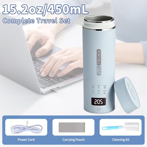 Image of Blue Travel Electric Kettle, LCD Display with 6 Temperature Settings, 304 Stainless Steel, 450ml /15.2oz, Auto Shut-Off and Boil-Dry Protection, Compact Portable Electric Kettle