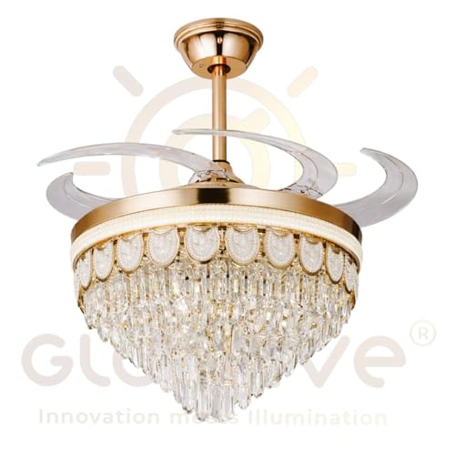 Image of Glowave 52 Inch Black Gold Crystal Chandelier Fan 3 Colors Light Speed Setting 6 Fan Blades Remote Control Ceiling Fan for Kitchen, Cafes, Hotels, Dining, Bar (FI 7680)