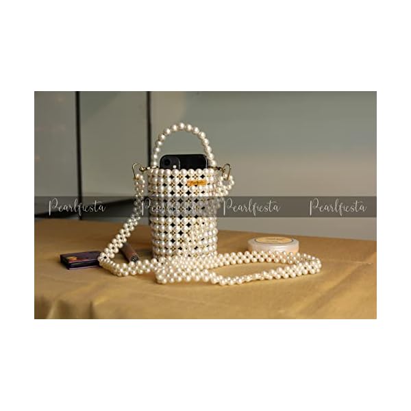 PEARLFIESTA Pearl Bags for Women with Detachable Chain Handmade Pearl Handbags/Purses for Women/Girls Stylish Latest Ethnic Fashion Beaded Bags for Women Pearl Potli Pouch Bucket Bag - Cream - Image 6