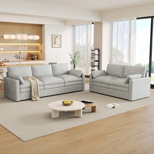 Harper & Bright Designs 2-Piece Chenille Fabric Upholstered Sofa Set with Oversized Comfy Cloud 3-Seater Couch and Loveseat Sofa, Double Plush Cushion for Living Room