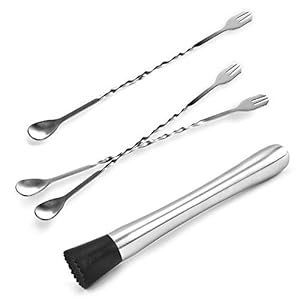 Set van 4 Muddler Bar Tools Essentials, SourceTon 10 Inch RVS Cocktail Muddler & 3 Stuks Mixing Lepels Ideaal Bartender Tool voor Huis en Bar