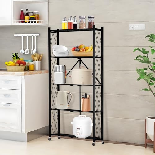 Image of 5 Tier Folding Shelf with Wheels,Metal Steel Collapsible Shelves | No Assembly Portable Shelves Organizer Rack,Rolling Standing Utility Rack for Kitchen, Pantry, Office, Black