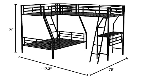 Merax Metal L-Shaped Bunk Bed With A Loft Attached, Triple Bedframe With Desk, Guardrails, And Ladders, Twin Over Full, Black #TOP7