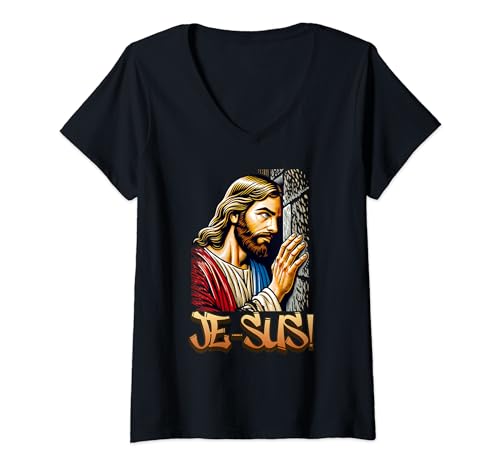 Womens JE-SUS Funny LGBT Gay Pride Jesus Looking Through Hole Sus V-Neck T-Shirt
