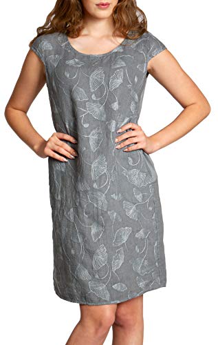 Caspar SKL031 knielanges Damen Sommer Leinenkleid mit Ginko Blatt Stickmuster, Farbe:grau, Größe:L - DE40 UK12 IT44 ES42 US10