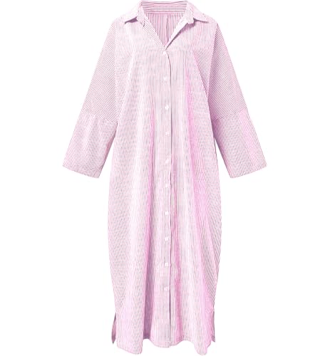 Image of ebossy Women's Oversized Boho Striped Shirt Dress Button Up Long Sleeve Flowy A Line Caftan Dress with Pockets