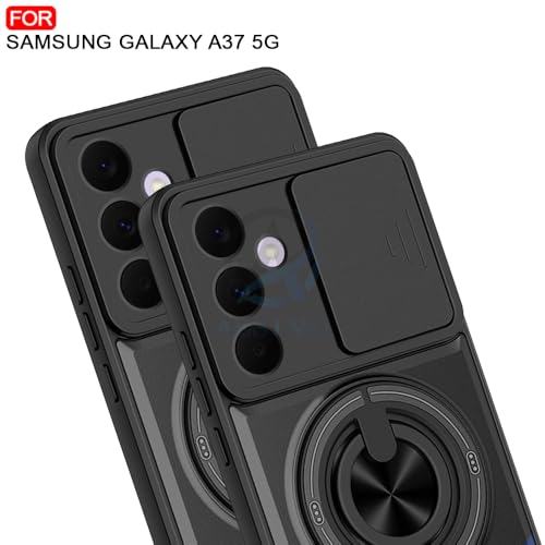 Image of AESTMO Samsung Galaxy A37 5G Back Cover | Armor Camera Slider 360 Degree Rotating Finger Ring Holder Case with Bracket Stand & Camera Protection Back Case Cover for Samsung Galaxy A37 5G (Black)