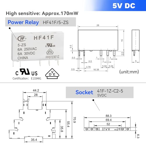 Relés miniatura de 5 voltios HF41F/5-ZS de 5 pines con módulo de riel DIN 6
