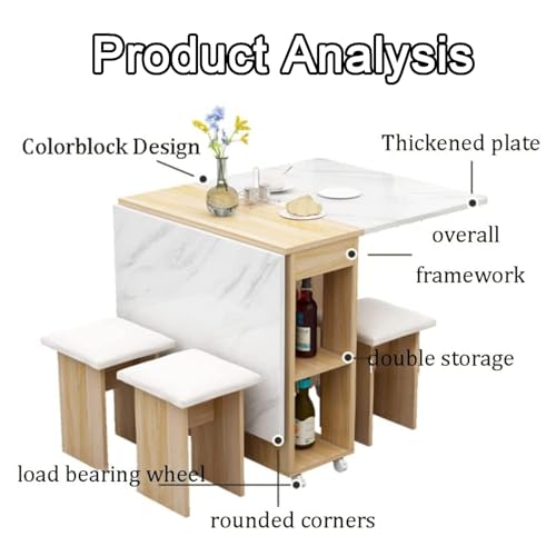 Table à manger pliable gain de place à roulettes avec 4 tabourets