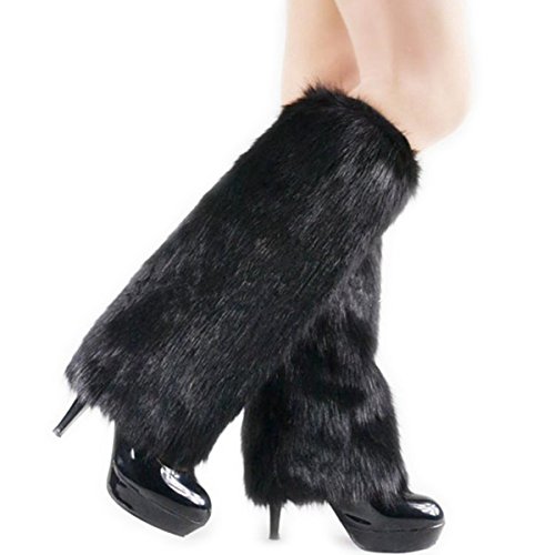 Women's Fur Leg Warmers Warm Furry Fuzzy Leg Warmers Rave Fluffies Boot Cuffs Cover (Black-A)
