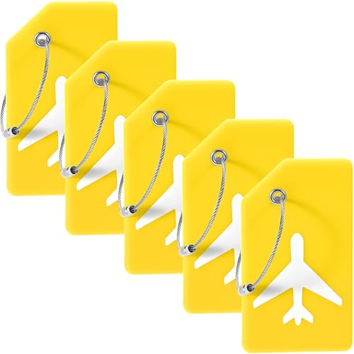 Image of Gostwo 5 Pack Silicone Luggage Tags for Suitcases, Plane Travel Essentials | Suitcase Bag Name Tag, TSA Approved, Stainless Loop, Privacy Protection, Luggage Identifiers Accessories, Yellow