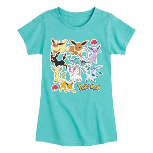 HYBRID APPAREL - Pokémon - Eevee Evolution Stickers - Youth Girls Short Sleeve Graphic T-Shirt - Size Large Turquoise