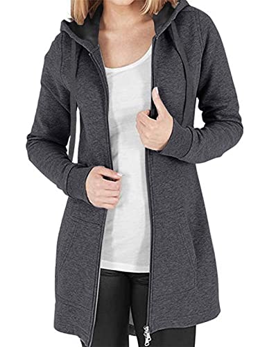 CMTOP Women's Hoodies Full-Zip Up Sweatshirts Jumpers for Women Fleece Hooded Outerwear Hoody With Drawstring with 2 Pockets Long Sleeve Color Block Sweater Cotton Deep Grey