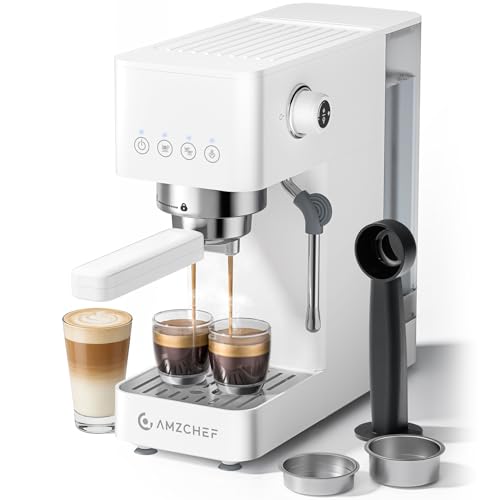 AMZCHEF 20-Bar-Professional-Espress... 1350W Coffee Machine with Milk Frother, Flexible Brewing Options, Compact Espresso Machine for Cappuccino, Latte, White