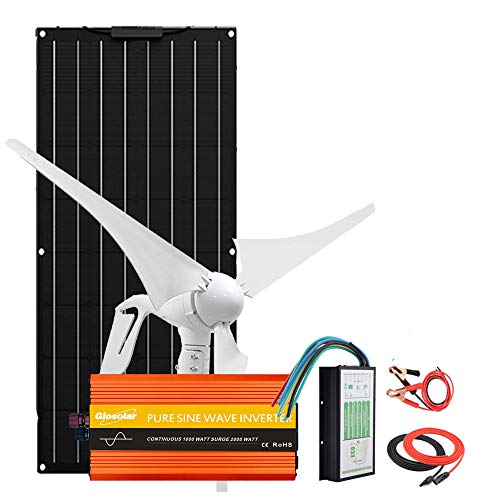 500W 12V Wind Solar Kit: 400W Wind Turbine Generator with Hybrid Controller 100W Flexible Solar Panel Solar Controller & Cables for Home, Boat Off Grid System 12 Volts Battery Charger