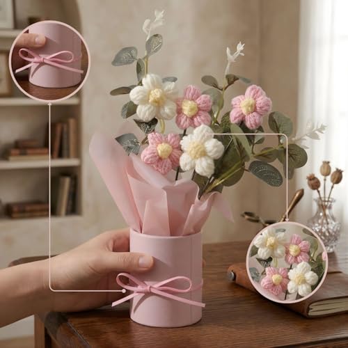 Image of 1Pcs Artificial Crochet Flower Bouquet /Artificial Flowers Bunch /Crochet Flowers Bouquet /Crochet Flowers /Flower Bouquet Gifts for Girls, Home Decor, Gifting (Pink Daisy Bouquet)