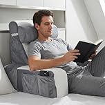 Esilihom Large Reading Pillow for Adults, Comfy Memory Foam Back Support Pillow with Detachable Arms & Neck Roll, Reading Cushion for Sitting Up in Bed, Sofa, Floor or Office, White Grey