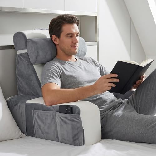Esilihom Large Reading Pillow for Adults, Comfy Memory Foam Back Support Pillow with Detachable Arms & Neck Roll, Reading Cushion for Sitting Up in Bed, Sofa, Floor or Office, White Grey