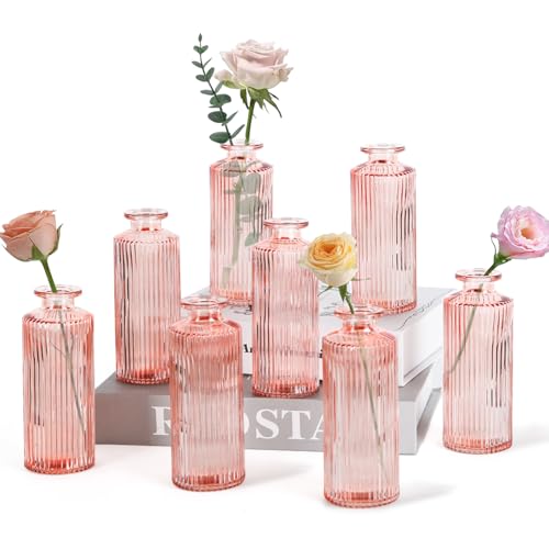 Sawoake Kleine Vasen, 8 Stück Glasvasen für Tischdeko Mini Vasen Glasfläschchen für Zuhause, Hochzeiten, Geburtstage, Feste (Rosa Vertical)