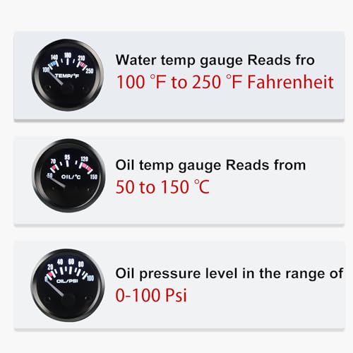 Waterwich WATERWICH-SK-SU872 3 In 1 Car Meter Auto Gauge(Oil Pressure Gauge + Oil Temperature Gauge + Water Temperature Gauge Fahrenheit 2 Inch 52Mm Triple Gauge Kit Dc 12V thumb #1