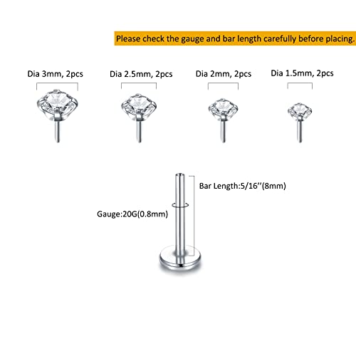 Oveta 8Pcs Threadless Push In Nose Studs 20G Labret Jewelry Cz Lip Studs Stainless Steel Cartilage Earrings For Women Monroe Medusa Piercing Jewelry 5/16'' Post Length #TOP1