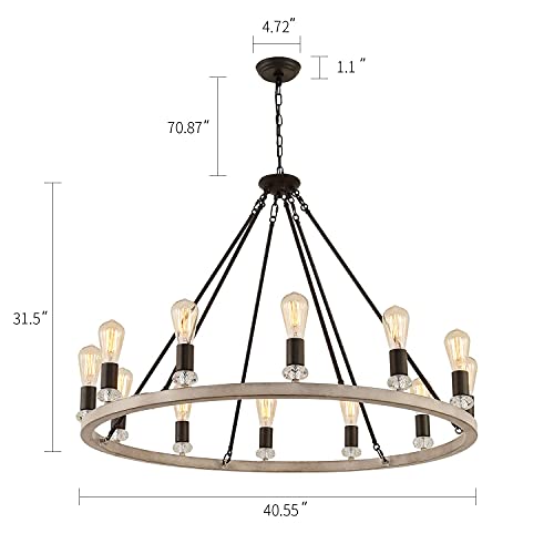 Meixisue Large Wagon Wheel Chandelier 12-Lights W40.6 Oak+Orb Finish Farmhouse Rustic Antique Vintage Round Metal Chandelier Pendant Light Fixtures Ceiling For Dining Room Kitchen Island Ul Listed #TOP5