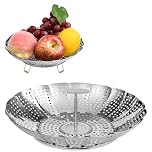 ABOHU Vegetable Steaming Basket, Stainless Steel Adjustable Folding Steamer Insert for Veggie Fish Seafood Cooking, with Extendable Handle and Non-Slip Legs (9'')