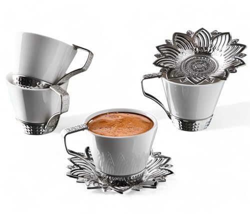 Alisveristime Set of 6 Turkish Coffee Cups with Porcelain, Zamac Holders & Saucers - Ottoman Gold and Silver Design (Selcuklu)