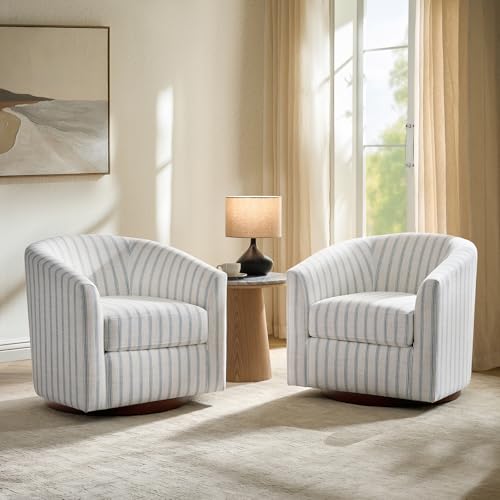 Image of HULALA HOME Modern Swivel Accent Chairs Set of 2 with Solid Wood Base, Round Swivel Barrel Chairs with Striped Pattern, No Assembly Required, Blue