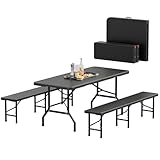 JUMMICO Bierzeltgarnitur Klappbar 3er Set Tisch & 2X Bank,Rattanoptik Biertischgarnitur 180x74x74cm Festzeltgarnitur Biergarten Biergarnitur für Garten, Party und Camping