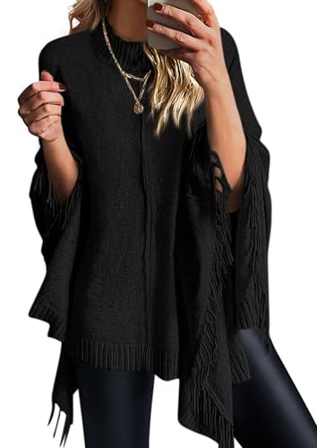 PRETTYGARDEN Women's 2025 Fall Winter Poncho Sweaters Trendy Chunky Knit Fringe Shawls Wraps Pullover Tops Holiday Outfits