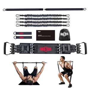 INNSTAR Portable Home Gym Set with Workout Bar, Bench Press Set, Squat Resistance Band, Door Anchor and More-Full Body Workout Equipment to Build Muscle and Shape Body