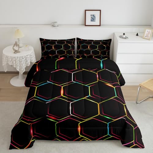 Honeycomb Comforter Set Geometry Hexagonal Beehive Twin Bedding Sets for Girls Kids Boys,Simplistic Geometrical Quilt Duvet Insert,Gradual Red Yellow Orange Neon Hexagon Room Decor