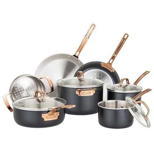 Viking 3 Ply Pots and Pans Set, 11 Piece Stainless Steel Kitchen Cookware with Glass Lids, Black with Copper