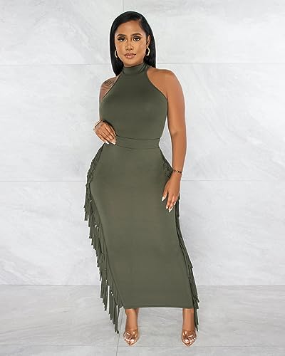 Image of YUEWOO 2 Piece Outfits for Women Sexy Crop Top Ruched Bodycon Maxi Dresses Fringe Skirt Sets Night Club Jumpsuits