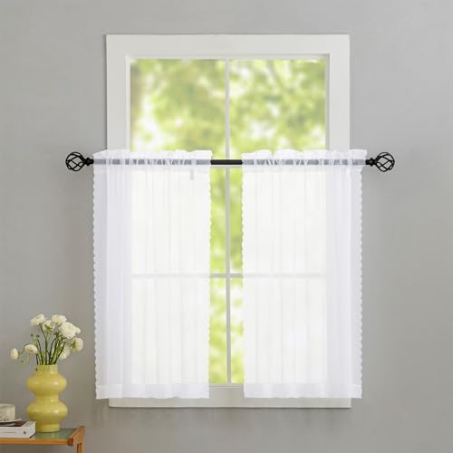 Image of MYSTIC-HOME White Sheer Curtains 45 Inch Long 2 Panels, Short Voile Drapes for Kitchen Dinning Small Windows, Light Filtering Sheer Curtains for Living Room Bedroom Bathroom, Rod Pocket, 40 inch Wx45 L